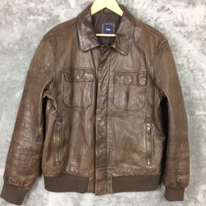 Vintage GAP Leather Jacket Mens Large Brown Full Zip Bomber Flight Y2K